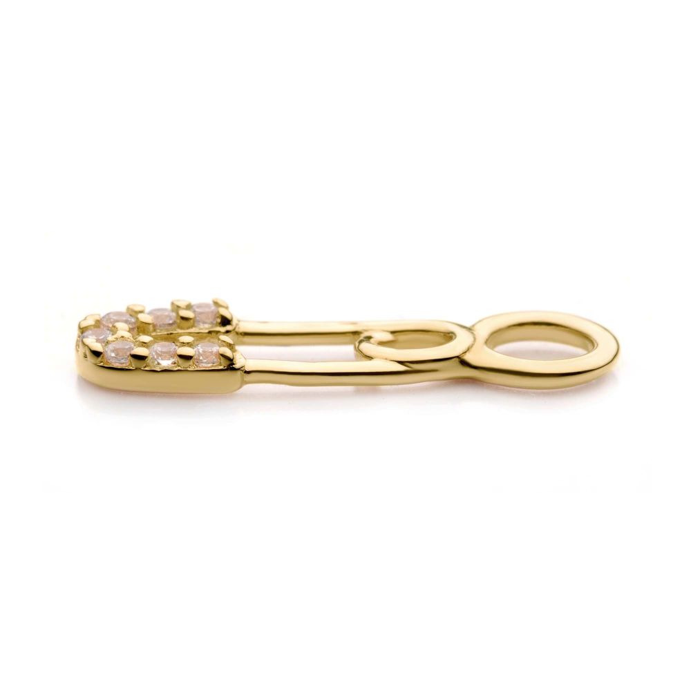 14Kt Yellow Gold Safety Pin with 3-Clear CZ Charm