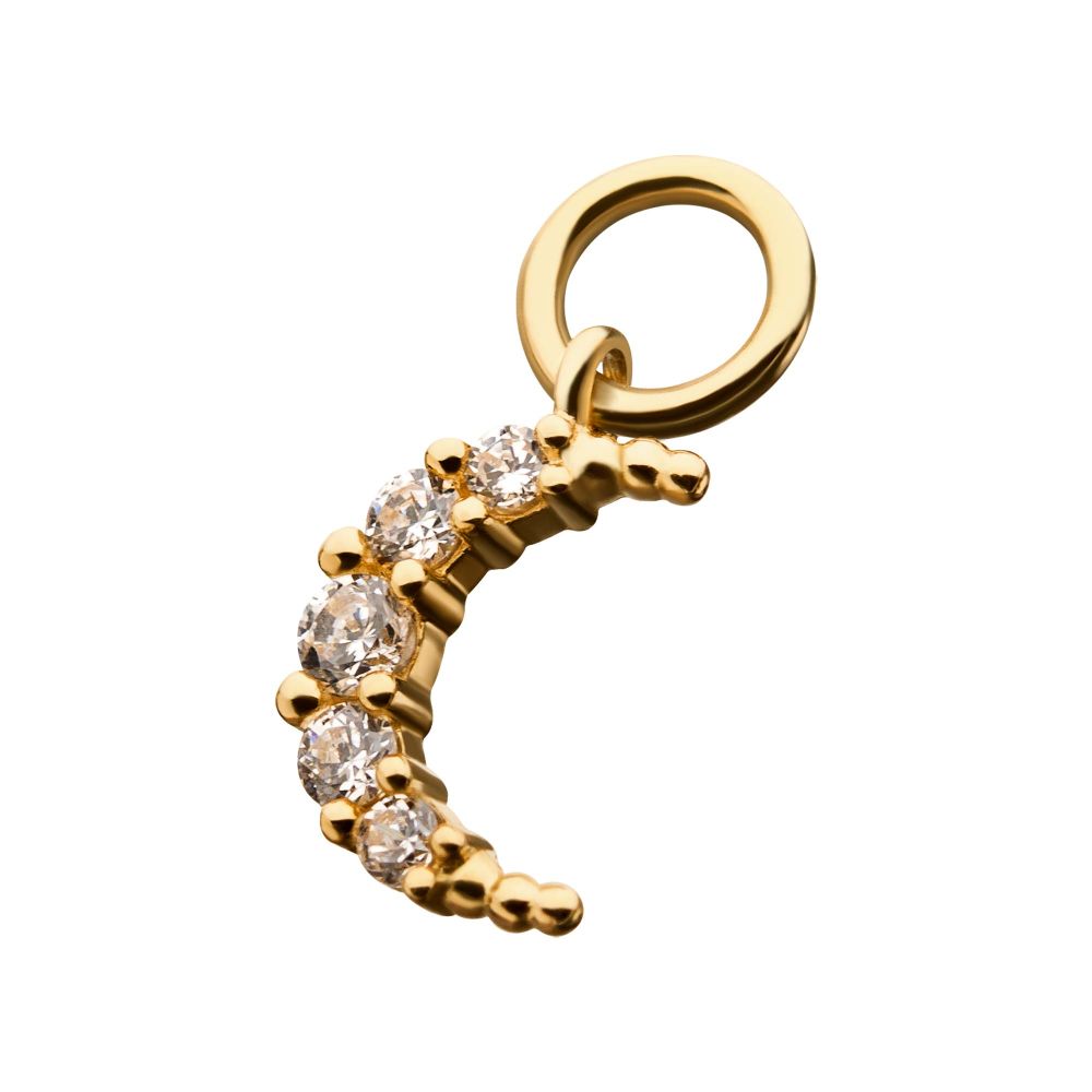 14Kt Yellow Gold Crescent Moon with Prong Set 5 Clear CZ Dangle Charm
