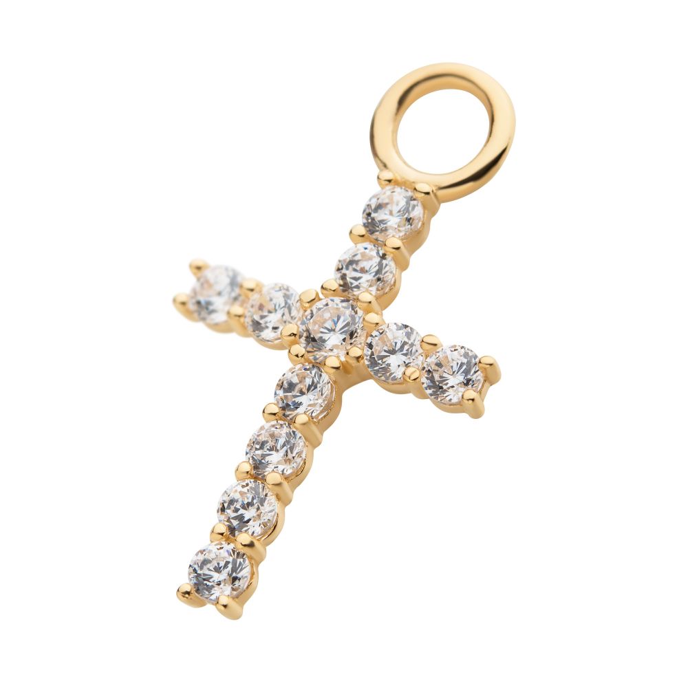 14Kt Yellow Gold Cross with Prong Set Round 11 Clear CZ Charm