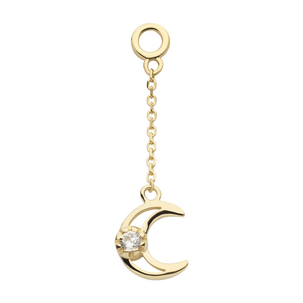 14Kt Yellow Gold Round CZ Crescent Moon Dangle Charm with 10mm Chain