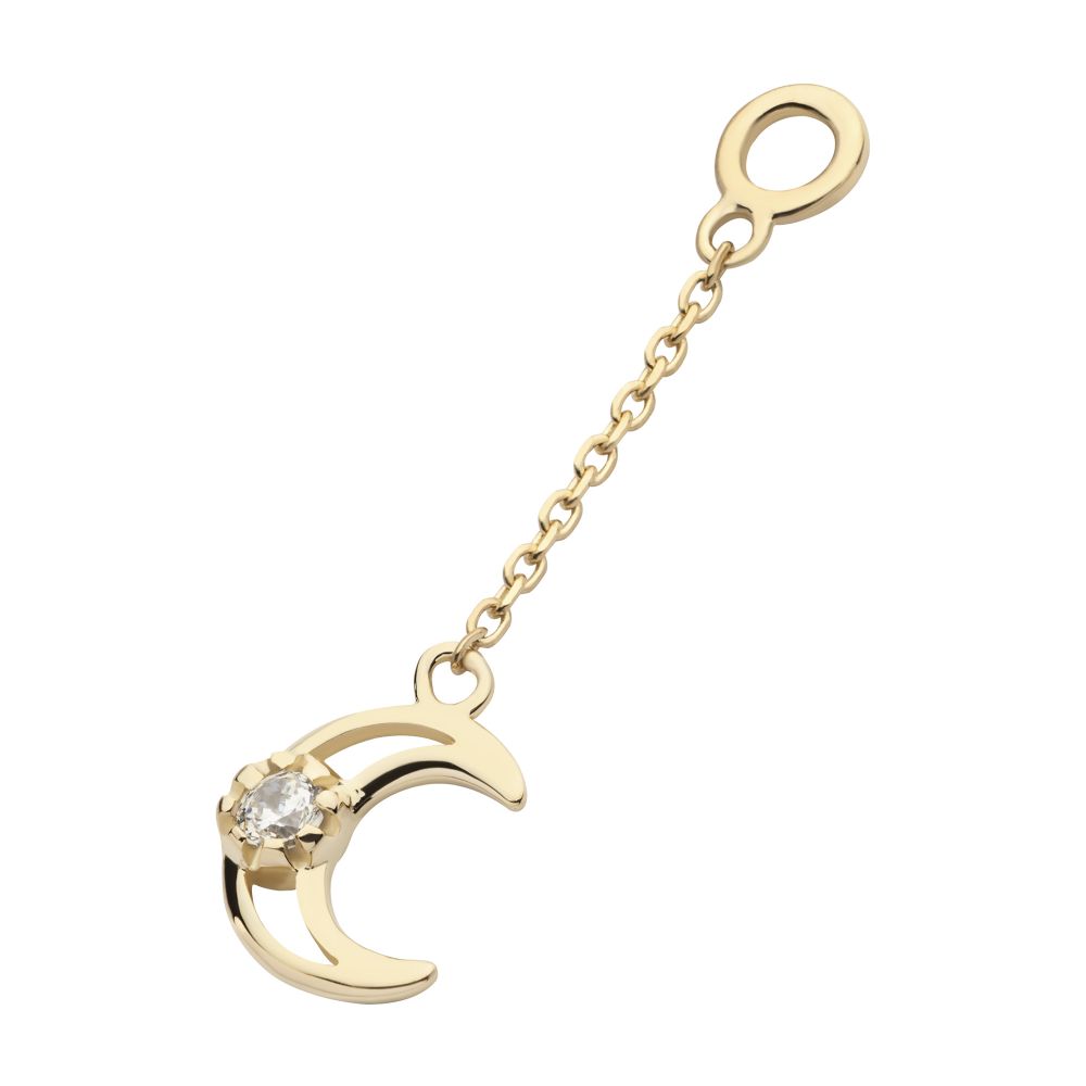 14Kt Yellow Gold Round CZ Crescent Moon Dangle Charm with 10mm Chain