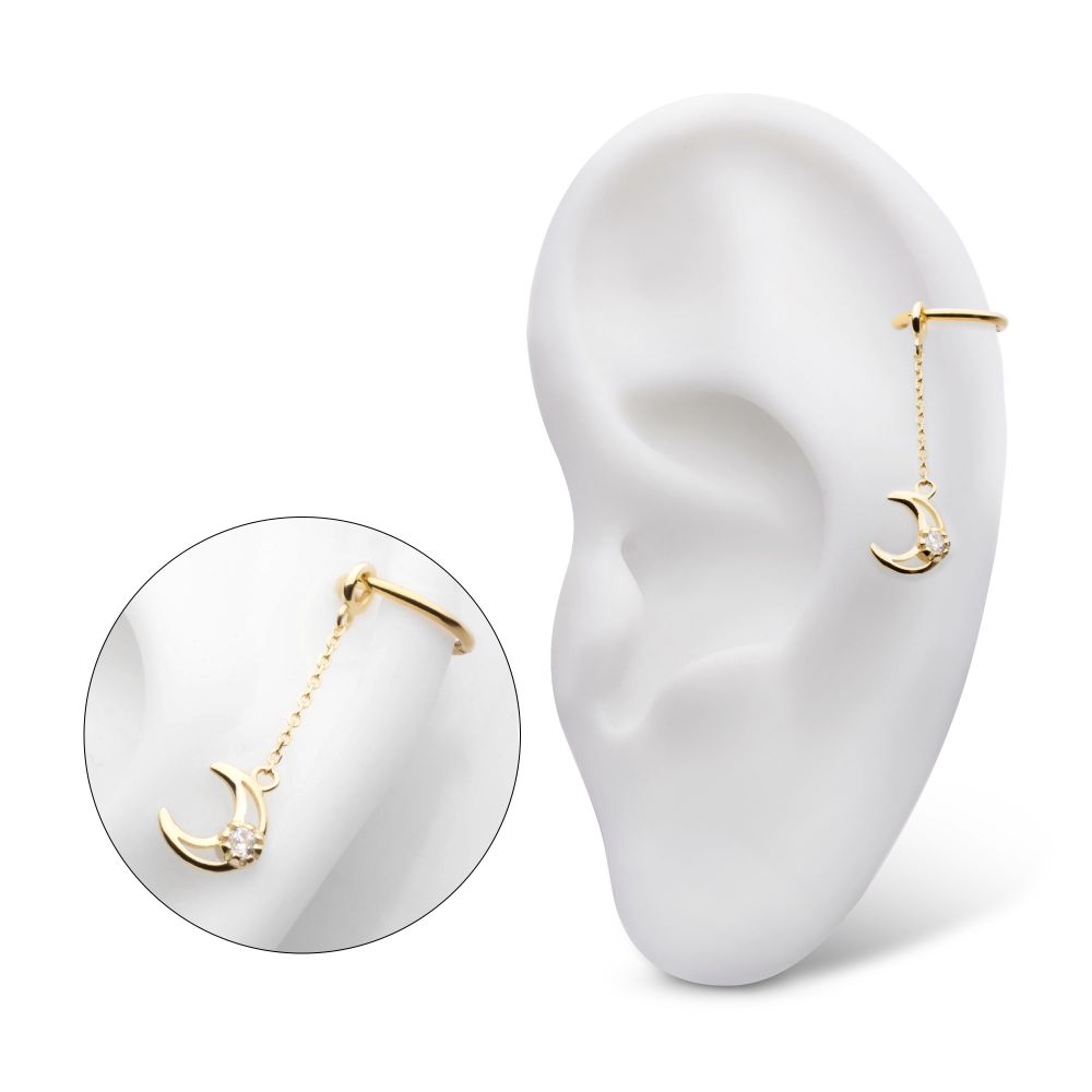 14Kt Yellow Gold Round CZ Crescent Moon Dangle Charm with 10mm Chain
