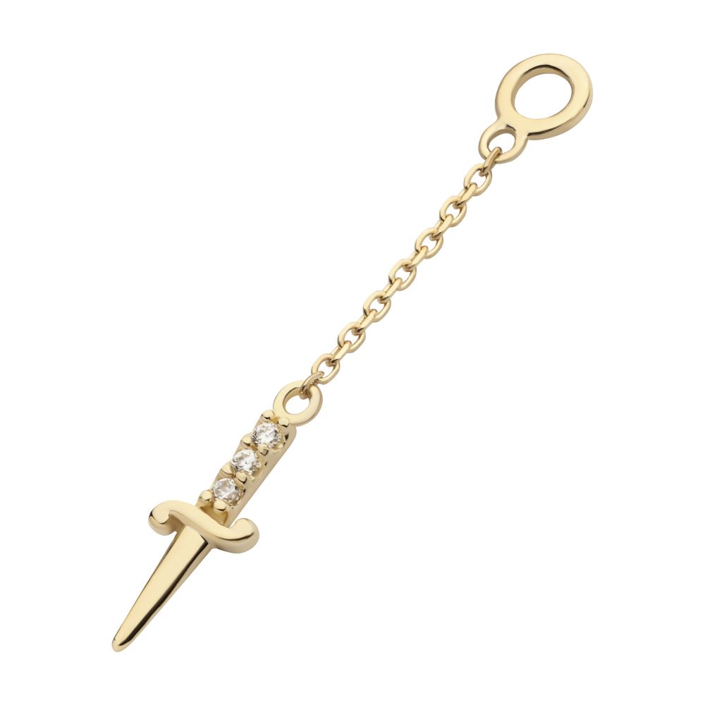 14Kt Yellow Gold 3-Cluster Prong Set Round CZ Dagger Dangle Charm with 10mm Chain