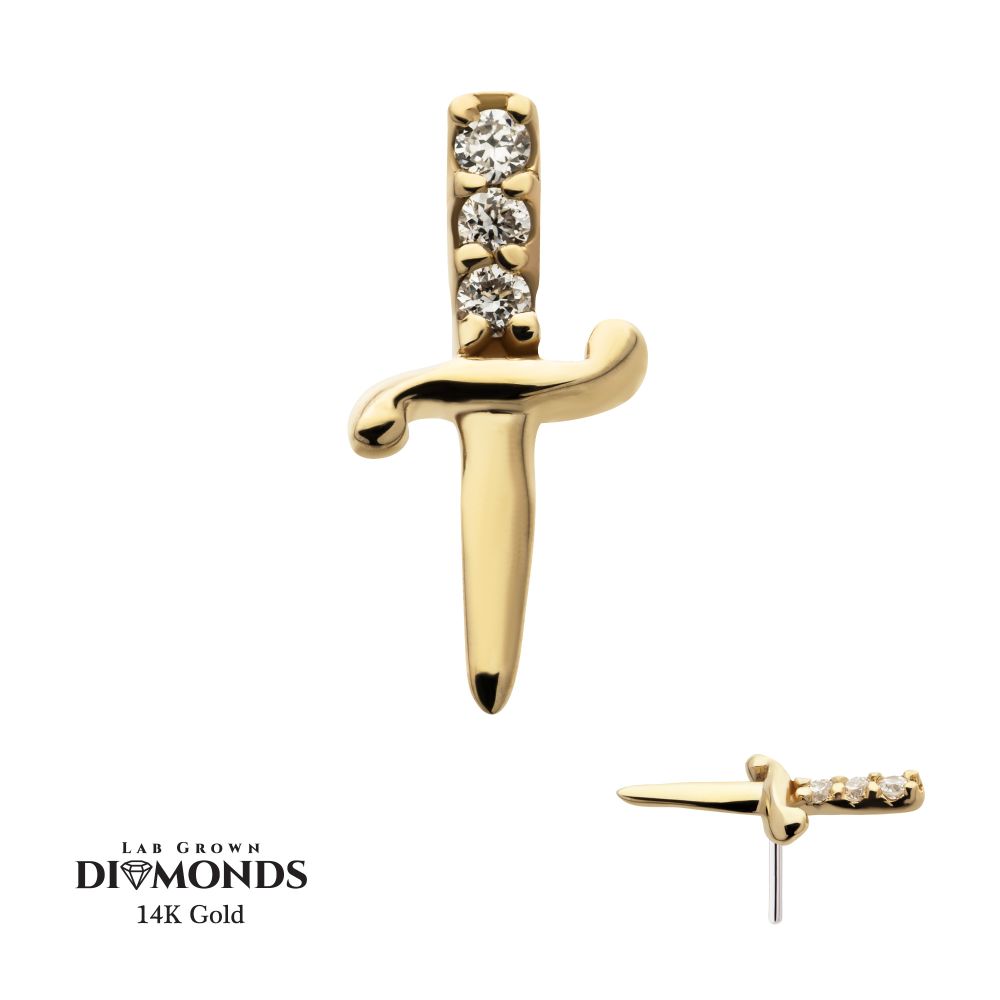 14Kt Yellow Gold Threadless Dagger Top with 3 Round Lab-Grown Diamonds