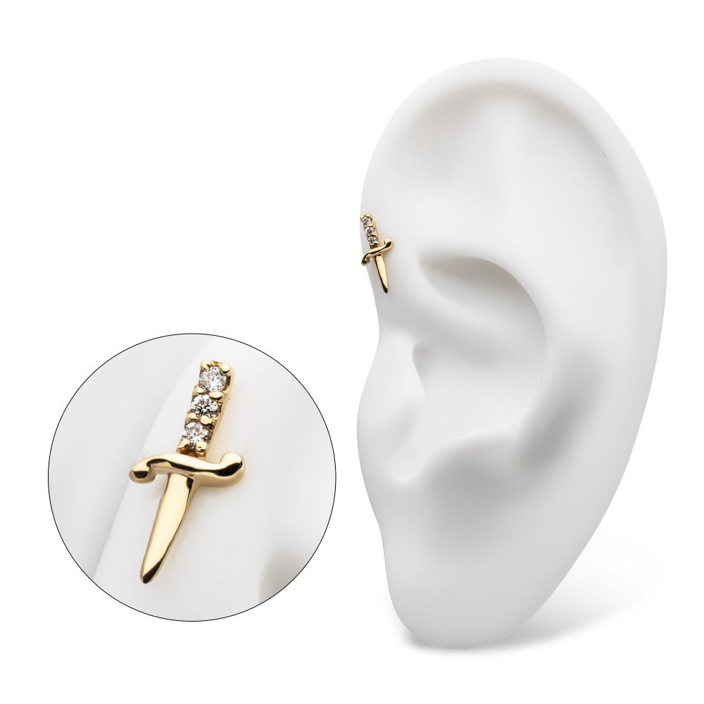 14Kt Yellow Gold Threadless Dagger Top with 3 Round Lab-Grown Diamonds
