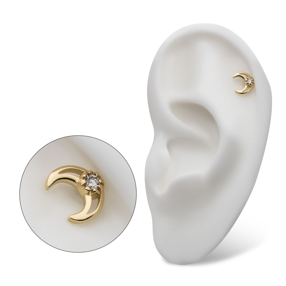 14kt Gold Threadless Cut Out Crescent Moon Top with Center Round Lab-Grown Diamond