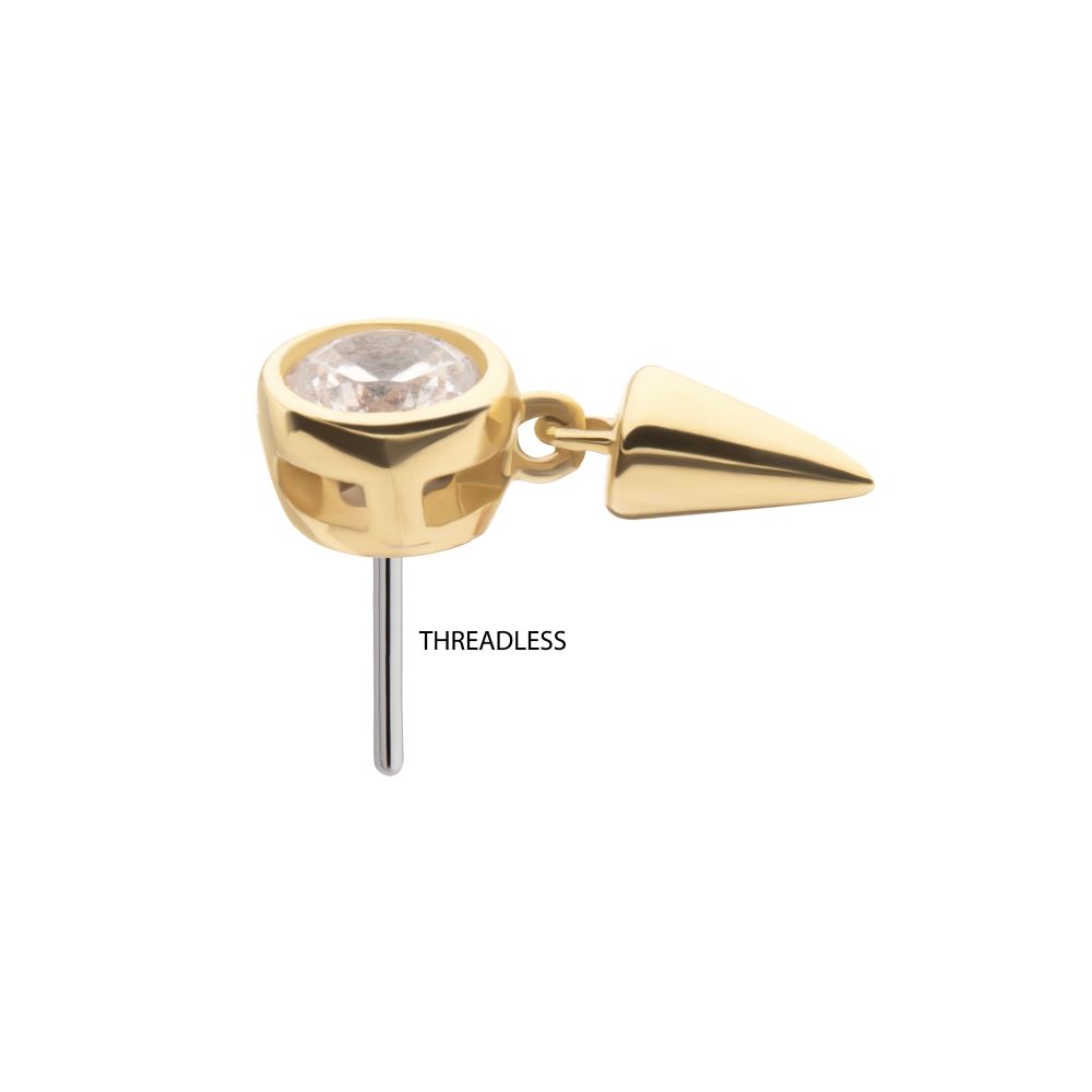 14Kt Gold Threadless Bezel Round Lab-Grown Diamond Top with Spike Dangle