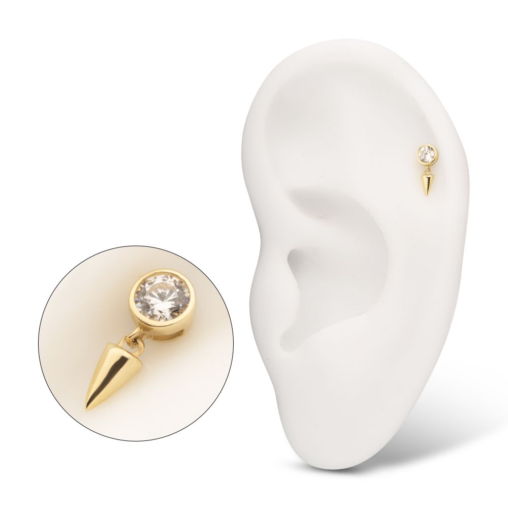 14Kt Gold Threadless Bezel Round Lab-Grown Diamond Top with Spike Dangle