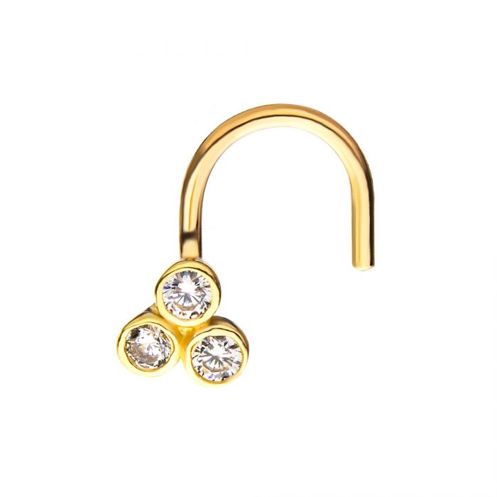 14Kt Yellow Gold Bezel Round CZ Trinity Nose Screw