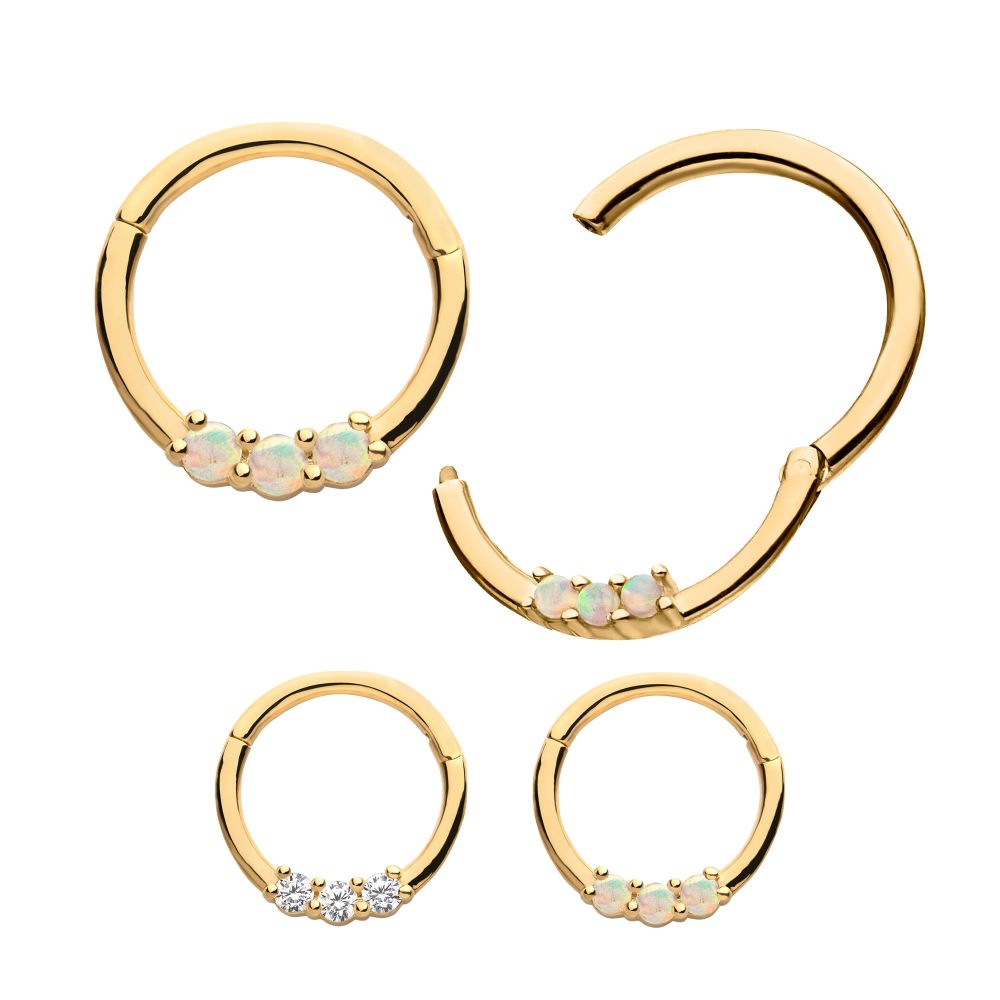 14Kt Yellow Gold with Prong Set Clear CZ/White Synthetic Opal 3-Cluster Front Facing Hinged Segment Clicker