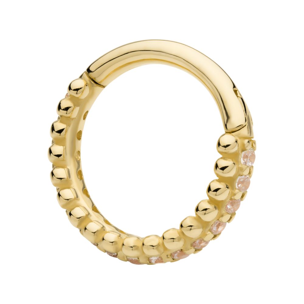 14Kt Yellow Gold Double Row Beads & Prong Set Round CZ Cluster Hinged Segment Clicker