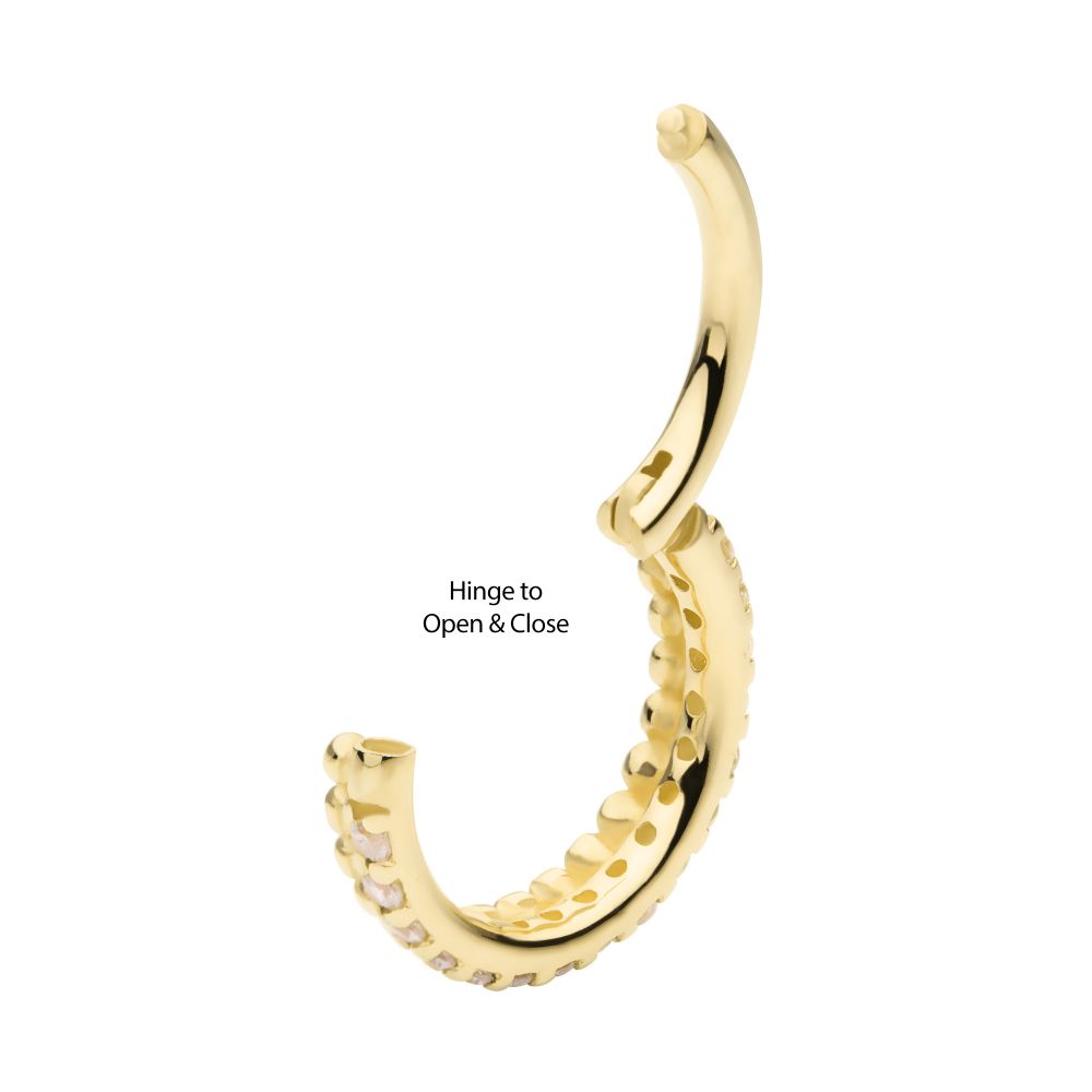 14Kt Yellow Gold Double Row Beads & Prong Set Round CZ Cluster Hinged Segment Clicker