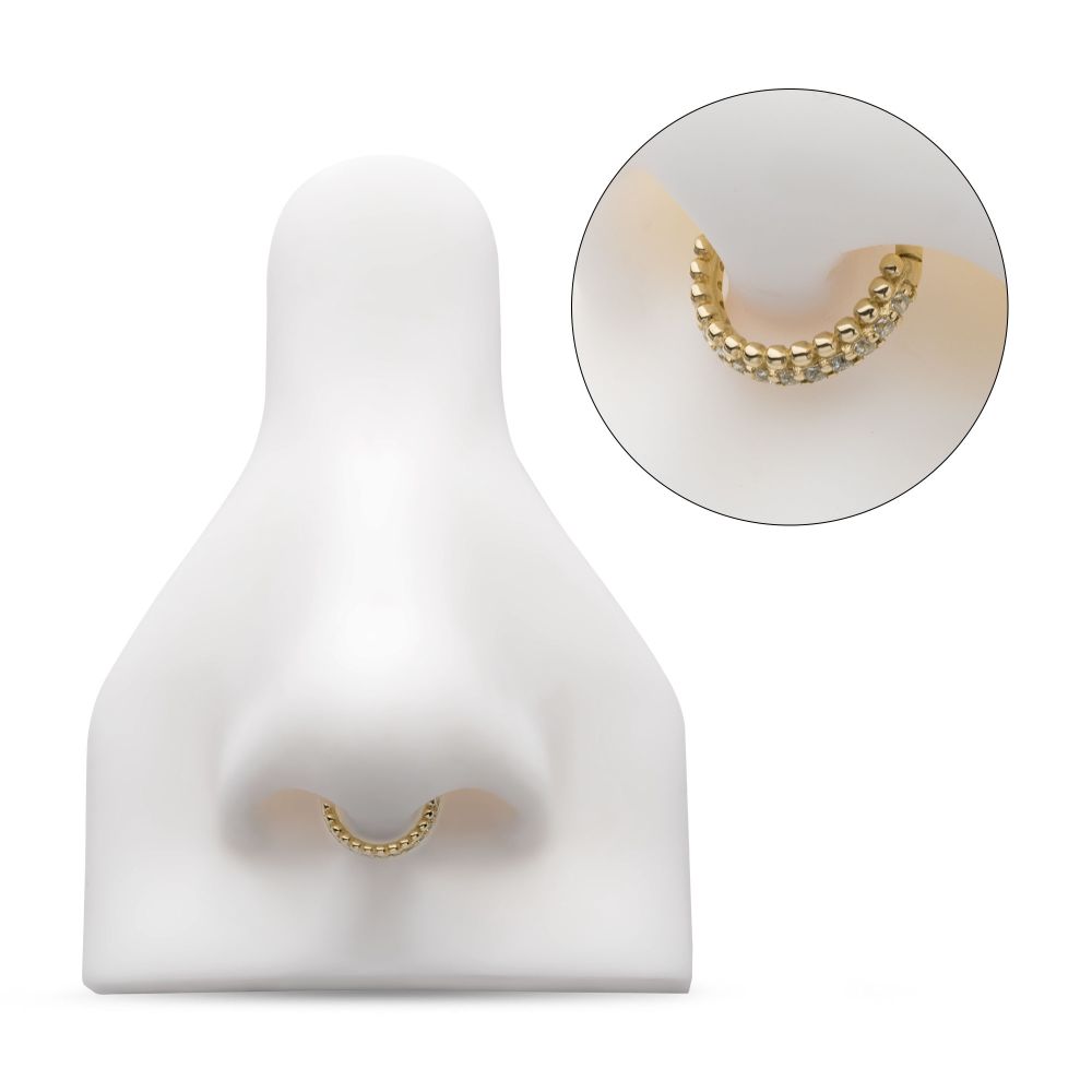 14Kt Yellow Gold Double Row Beads & Prong Set Round CZ Cluster Hinged Segment Clicker