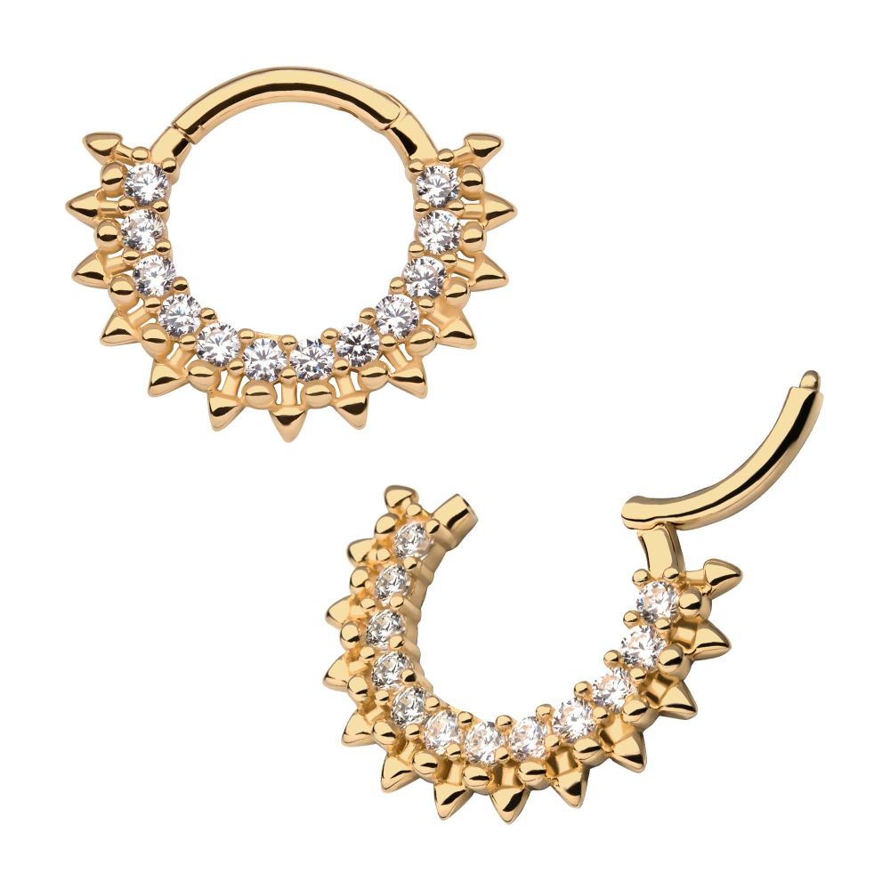 14Kt Yellow Gold with 12-Cluster Prong Set Clear CZ Spiked Edge Front Facing Hinged Segment Clicker