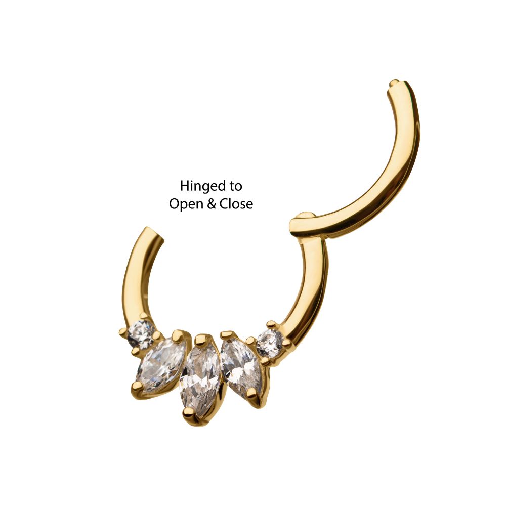 14Kt Yellow Gold with 5-Cluster Prong Set Marquise & Round Clear CZ Front Facing Hinged Segment Clicker
