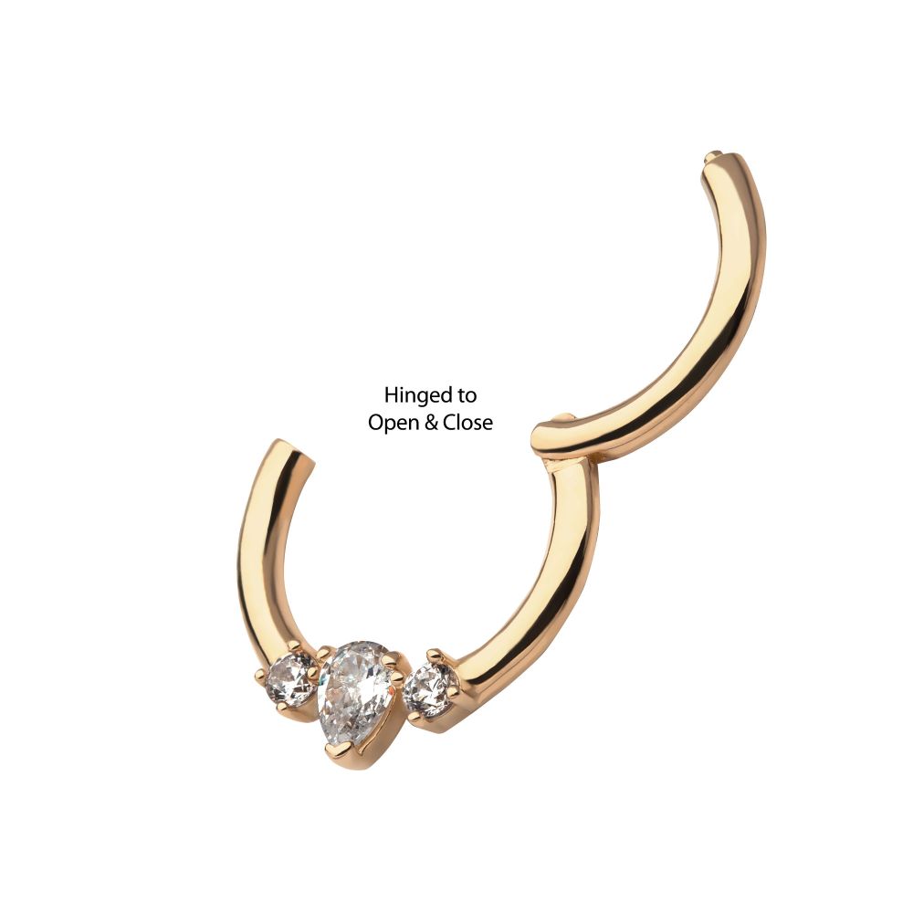 14Kt Yellow Gold with 3-Cluster Prong Set Marquise & Round Clear CZ Front Facing Hinged Segment Clicker