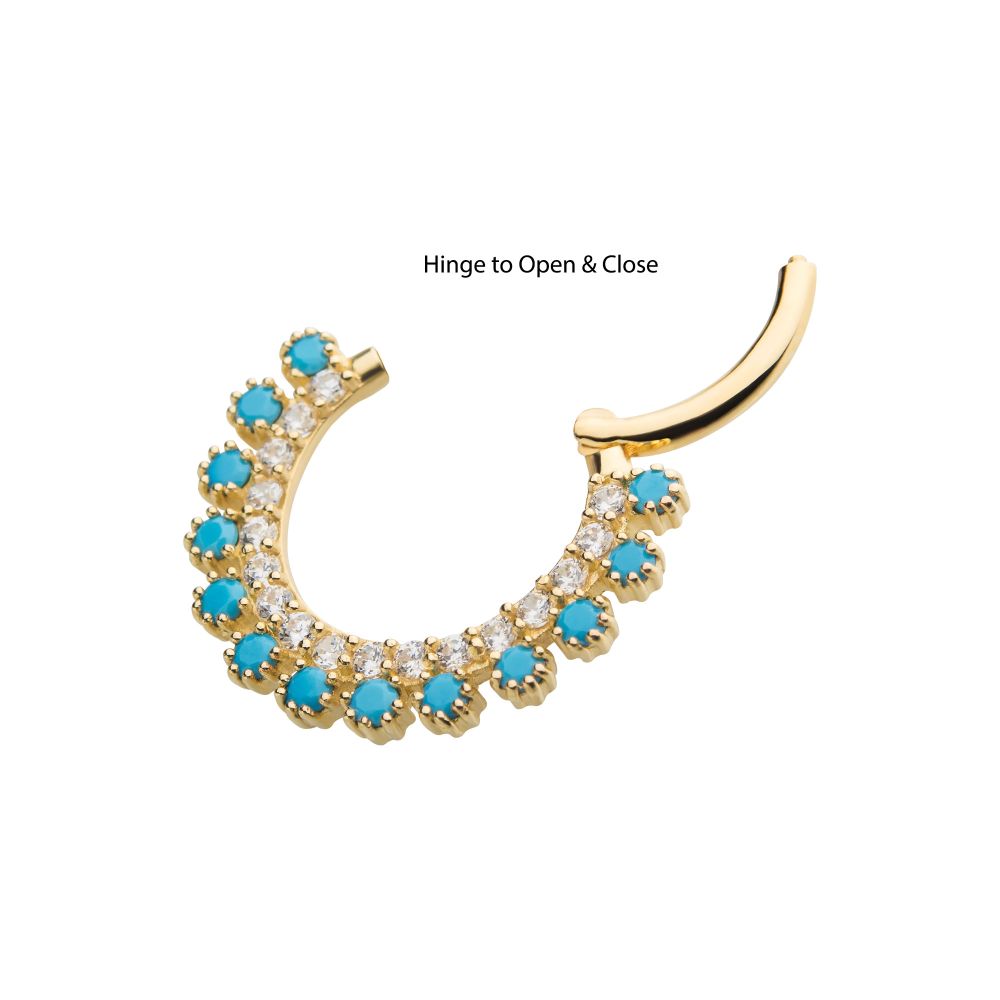 14Kt Yellow Gold with Double Row Prong Set Clear CZ & Synthetic Turquoise Front Facing Hinged Segment Clicker