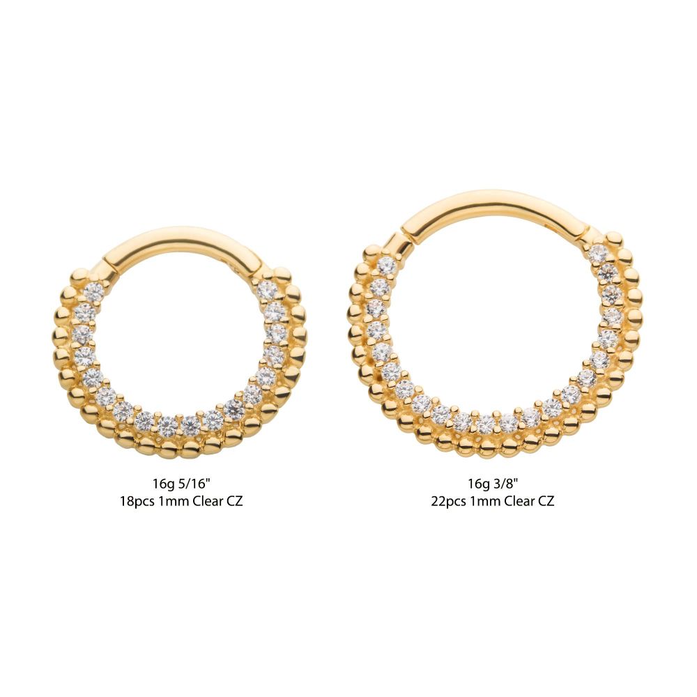 14Kt Yellow Gold with Prong Set Clear CZ Beaded Edge Front Facing Hinged Segment Clicker