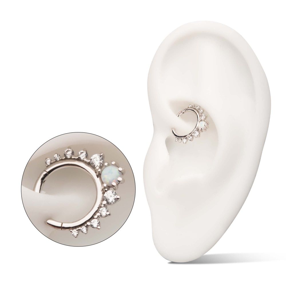 14Kt Gold Prong Set Gem Cluster with 3mm White Opal Front Facing Hinged Segment Clicker