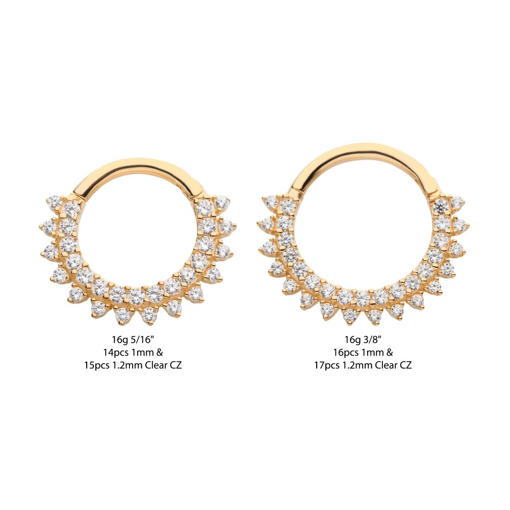 14Kt Yellow Gold with Double Row Prong Set Clear CZ Front Facing Hinged Segment Clicker