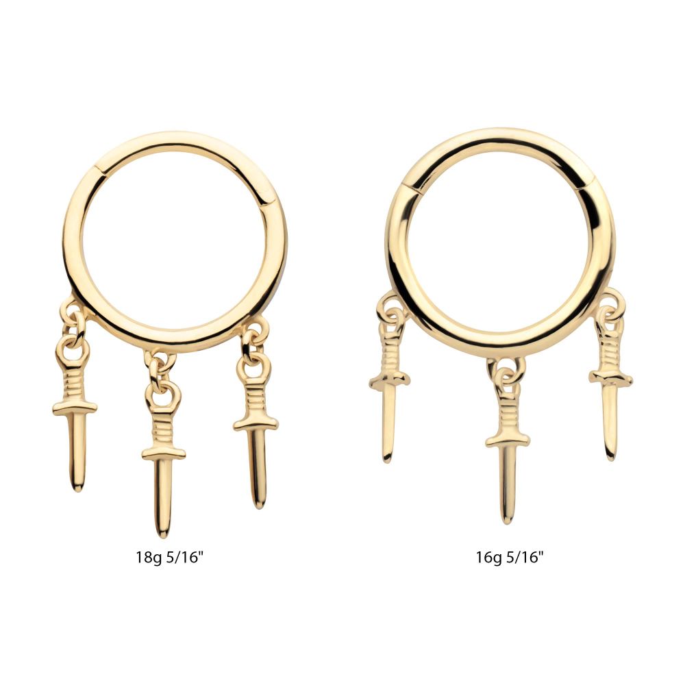 14Kt Yellow Gold Triple Dagger Dangle Charm Hinged Segment Clicker