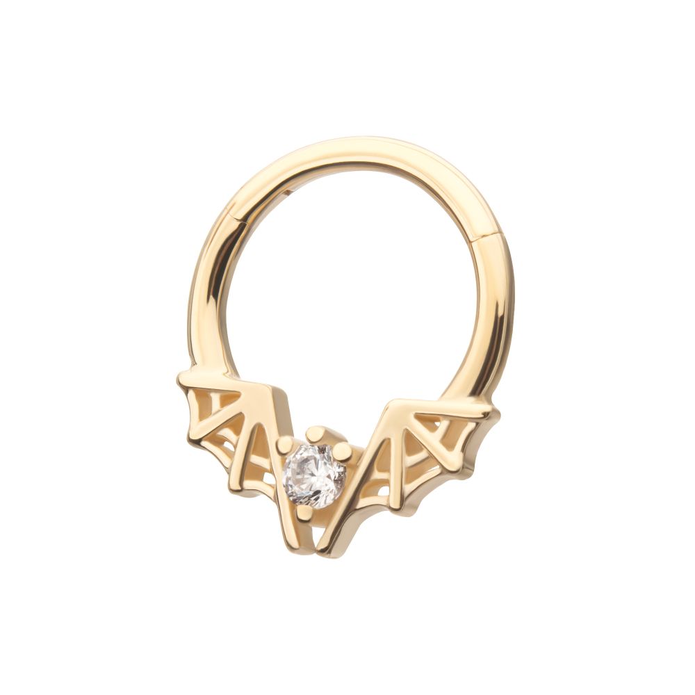 14Kt Yellow Gold Angled Bat Wings Frame a Prong Set Gem Front Facing Hinged Segment Clicker