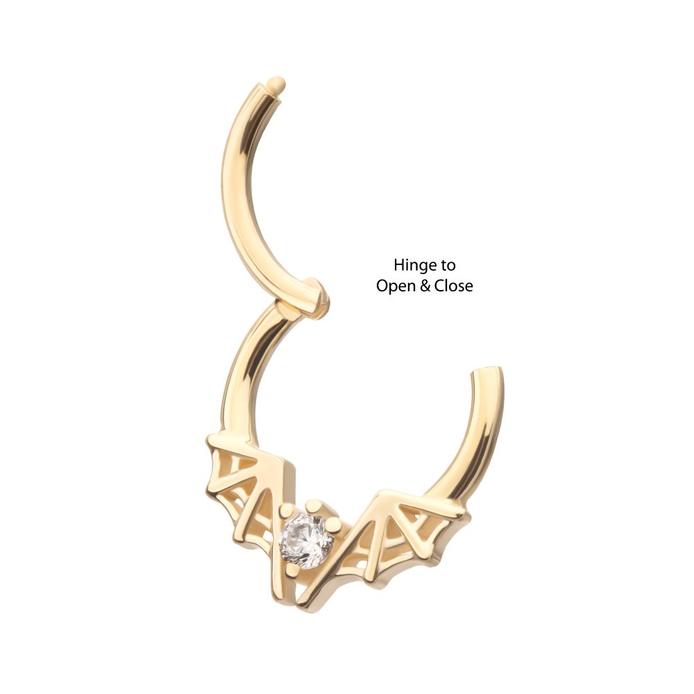 14Kt Yellow Gold Angled Bat Wings Frame a Prong Set Gem Front Facing Hinged Segment Clicker