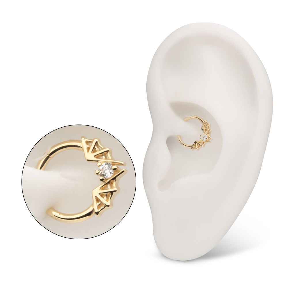 14Kt Yellow Gold Angled Bat Wings Frame a Prong Set Gem Front Facing Hinged Segment Clicker
