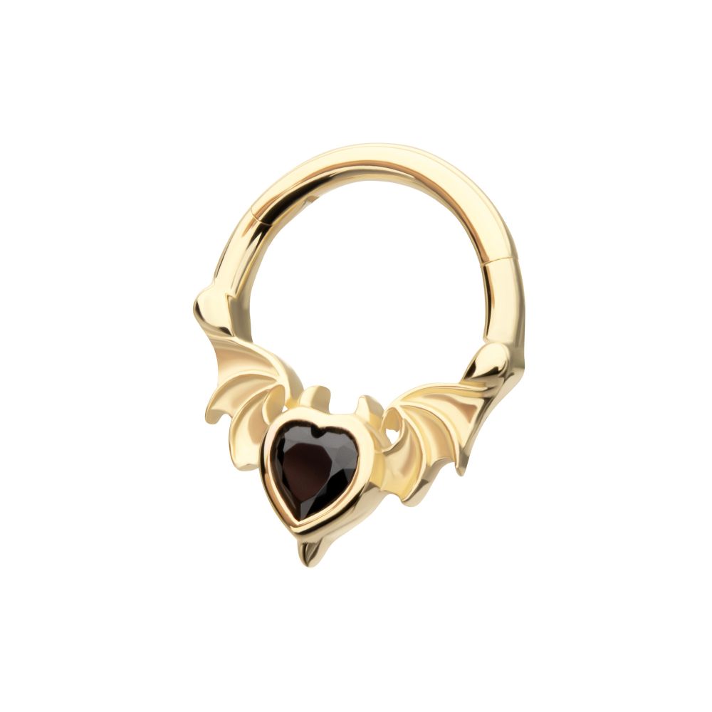 14Kt Yellow Gold Carved Bat Wings with Devil Heart Bezel Gem Front Facing Hinged Segment Clicker