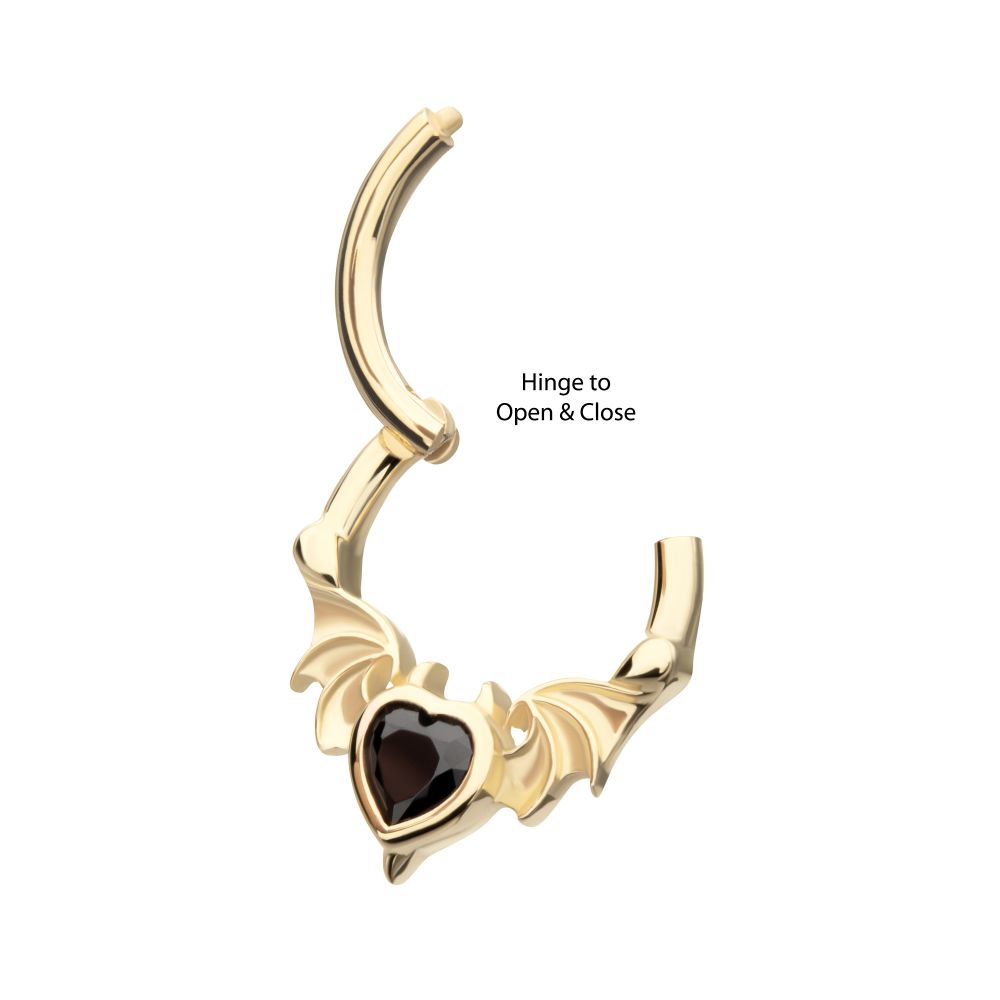 14Kt Yellow Gold Carved Bat Wings with Devil Heart Bezel Gem Front Facing Hinged Segment Clicker
