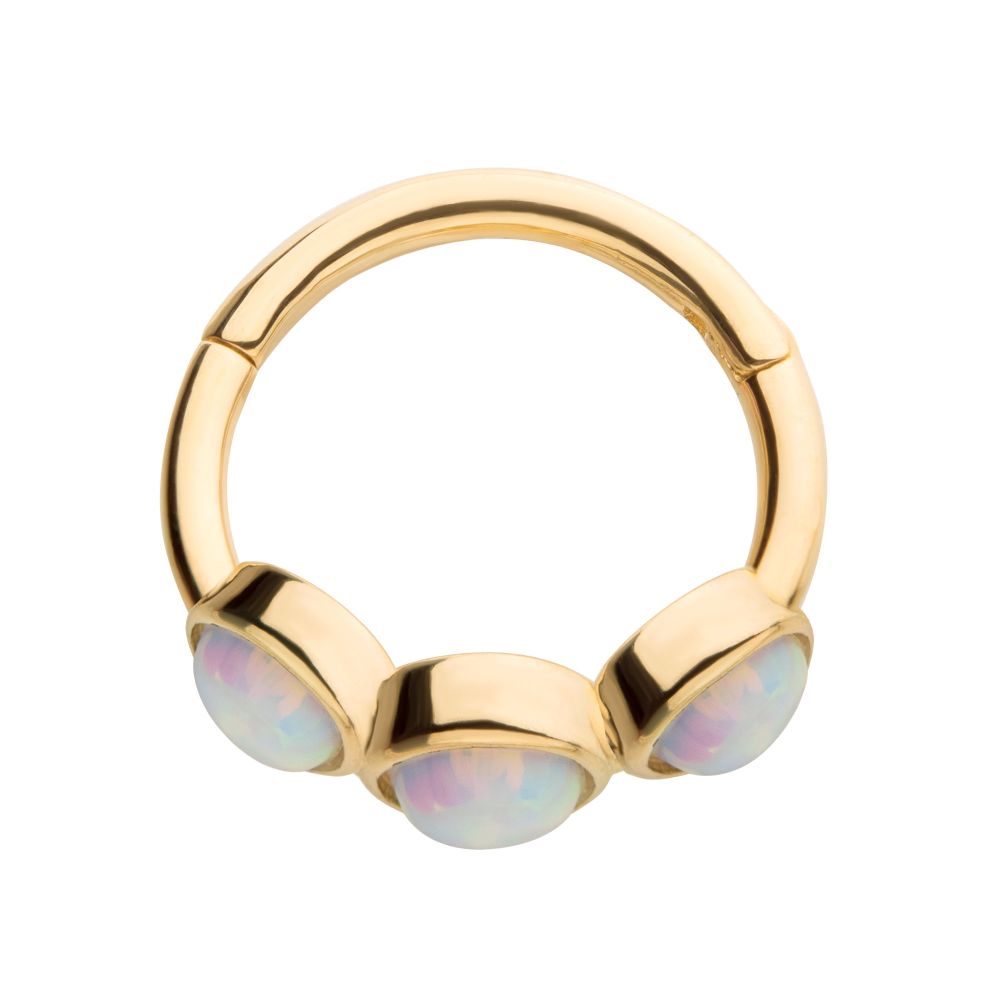 14Kt Gold 3-Bezel Set Clustered White Opal Side Facing Hinged Segment Clicker