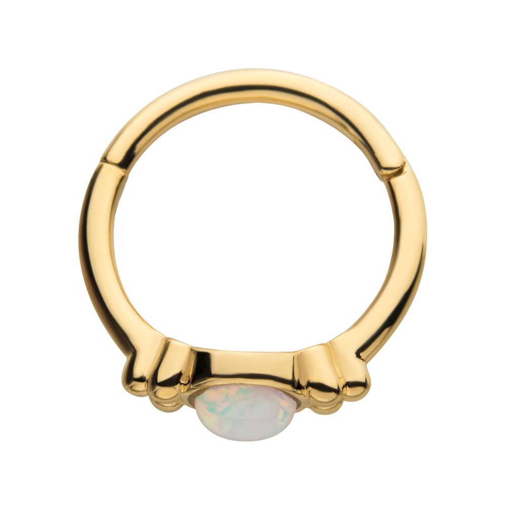14Kt Gold Beads & Centerpiece Bezel Set White Opal Side Facing Hinged Segment Clicker