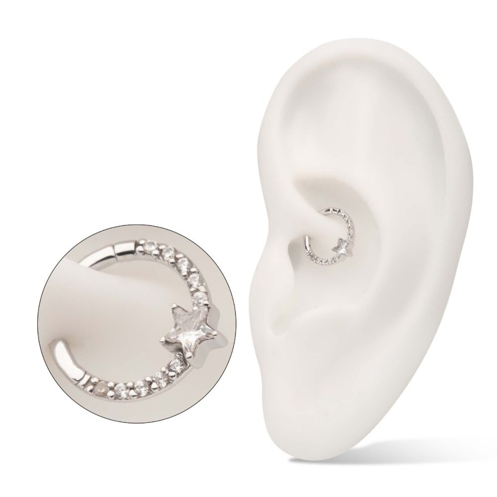 14Kt Gold 1mm CNC Set Gem Cluster with 3mm Star Gem Front Facing Hinged Segment Clicker