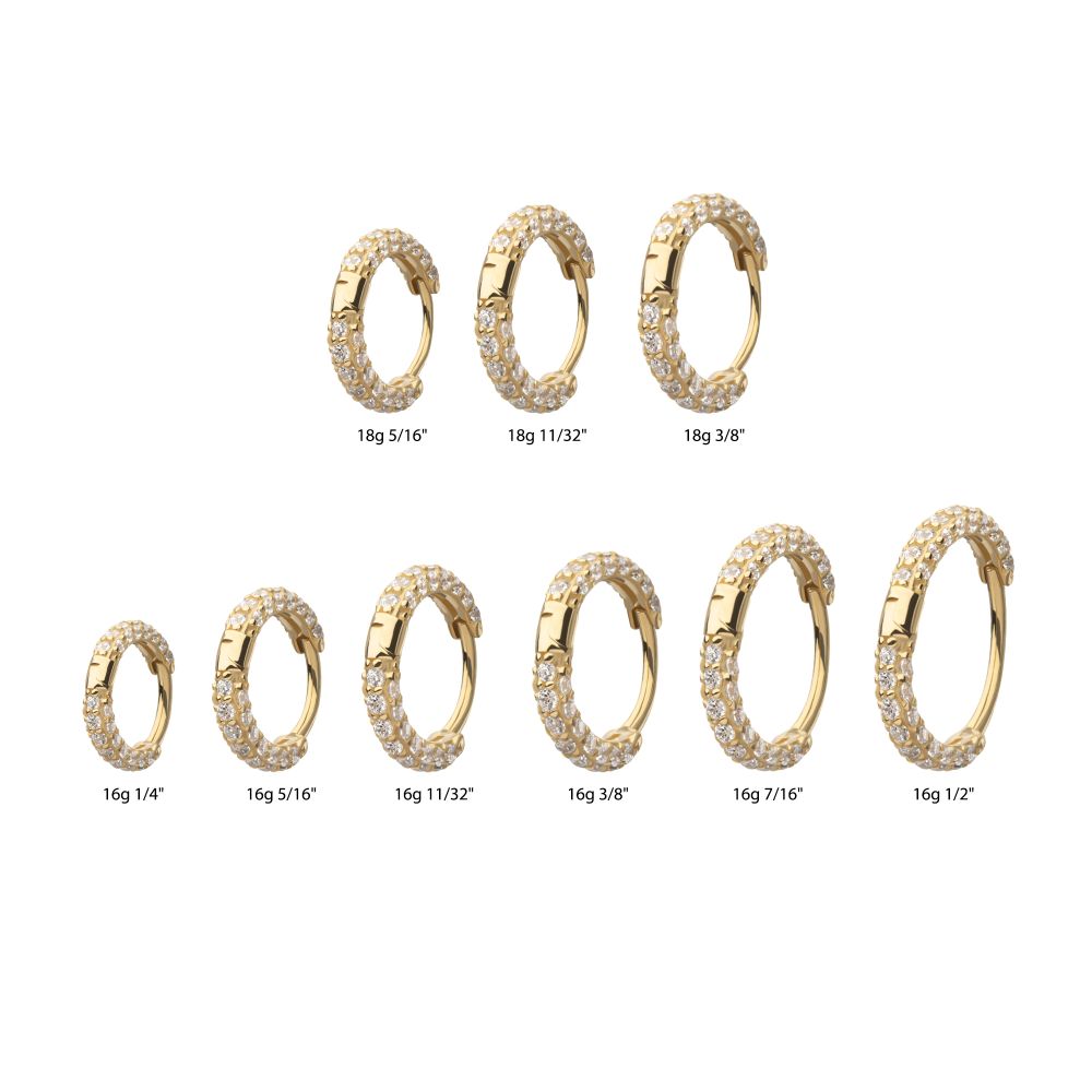 14Kt Yellow Gold 3 Row Pave Set Gem Hinged Hoop Huggie Earrings