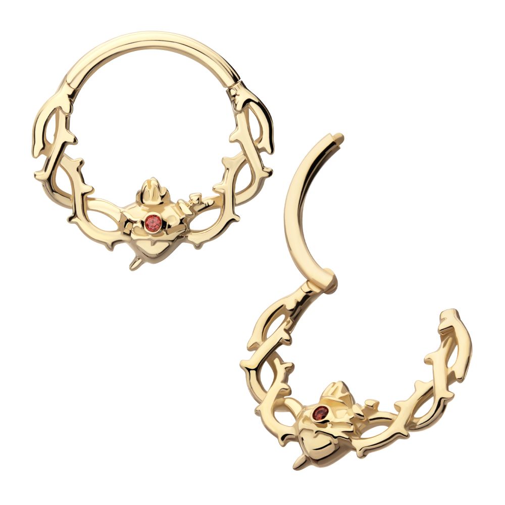 14kt Yellow Gold Prong Set Triple Rose with Prong Set Round Garnet Gem Front Facing Hinged Segment Clicker