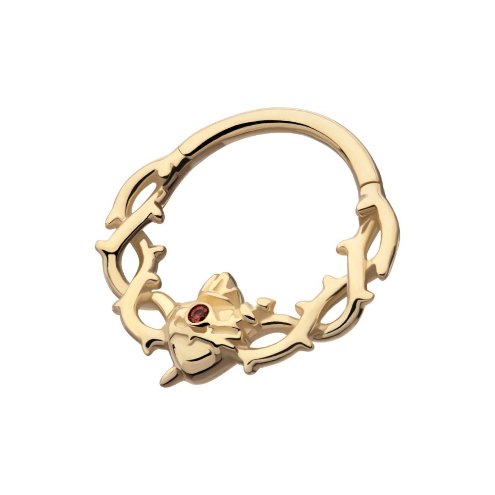 14kt Yellow Gold Prong Set Triple Rose with Prong Set Round Garnet Gem Front Facing Hinged Segment Clicker