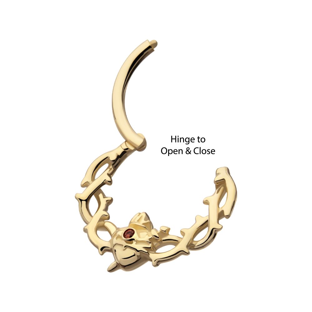14Kt Yellow Gold Prong Set Black Heart with Rose Vine Design Front Facing Hinged Segment Clicker