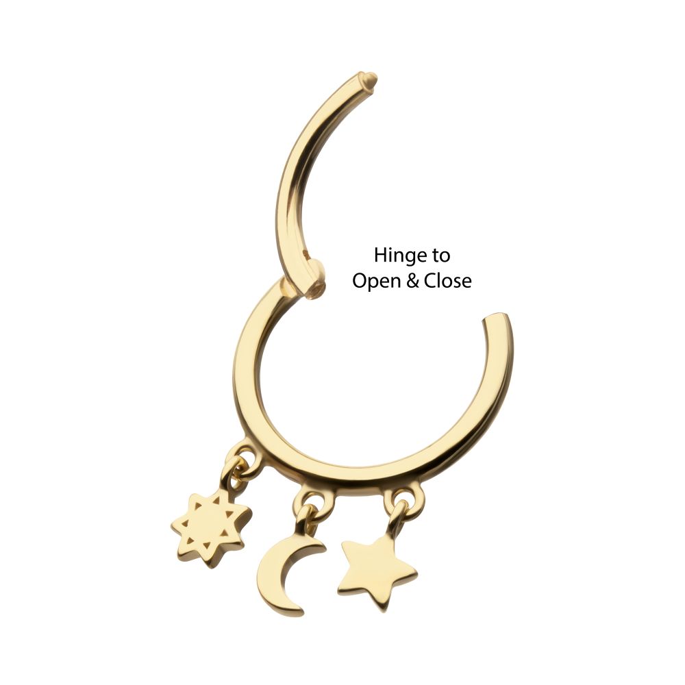 14Kt Yellow Gold Stars & Moon Dangle Charm Hinged Segment Clicker