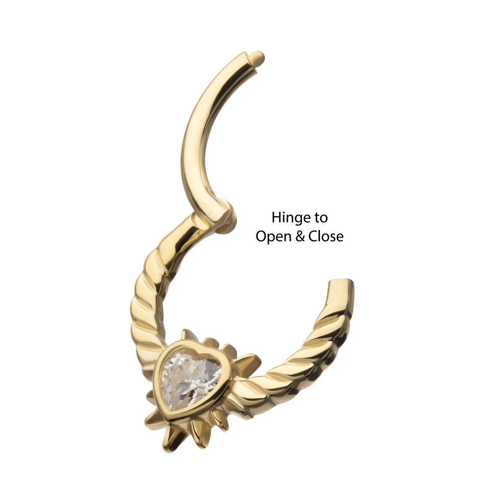 14kt Yellow Gold Spike Edge Bezel Heart Gem Wired Hoop Front Facing Hinged Segment Clicker