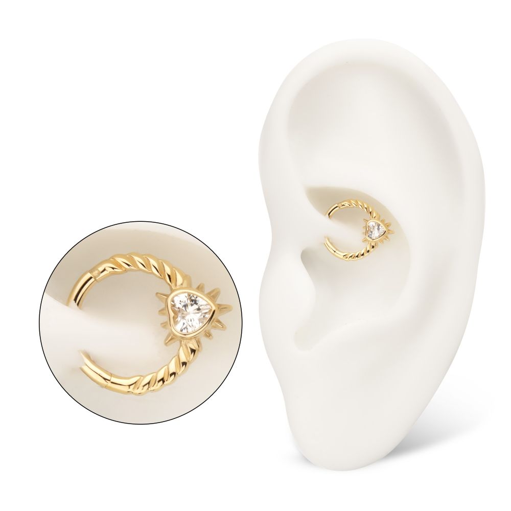14kt Yellow Gold Spike Edge Bezel Heart Gem Wired Hoop Front Facing Hinged Segment Clicker