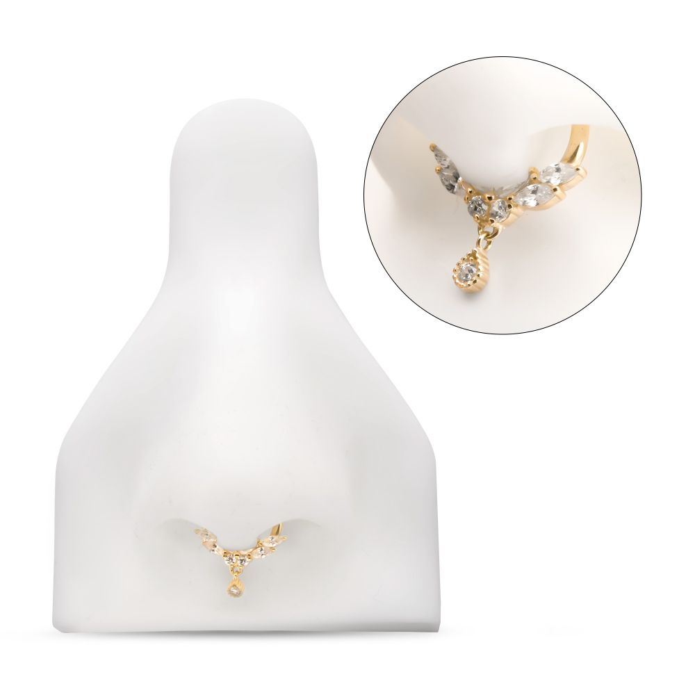 14Kt Gold Marquise Cluster Butterfly with Gem Dangle Front Facing Hinged Segment Clicker
