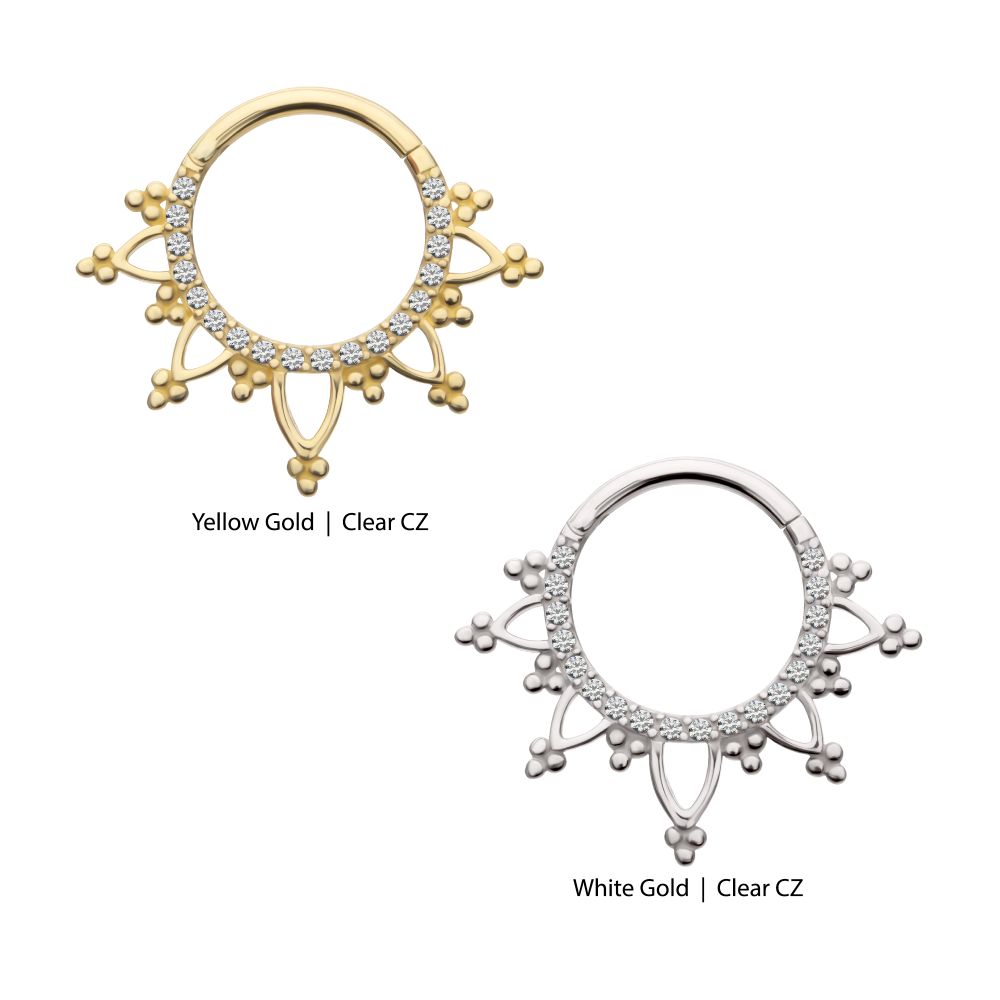 14Kt Gold Beaded Edge with 1mm CNC Set Round Gem Front Facing Hinged Segment Clicker