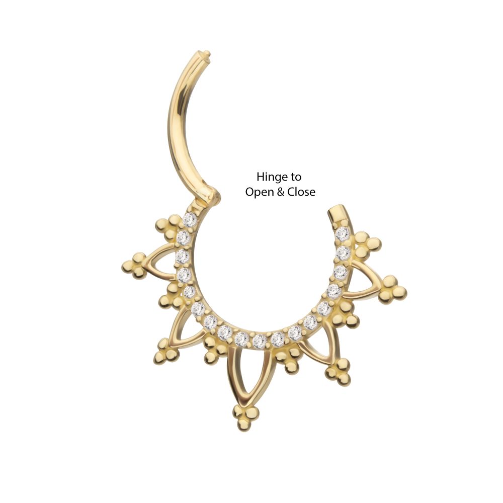 14Kt Gold Beaded Edge with 1mm CNC Set Round Gem Front Facing Hinged Segment Clicker