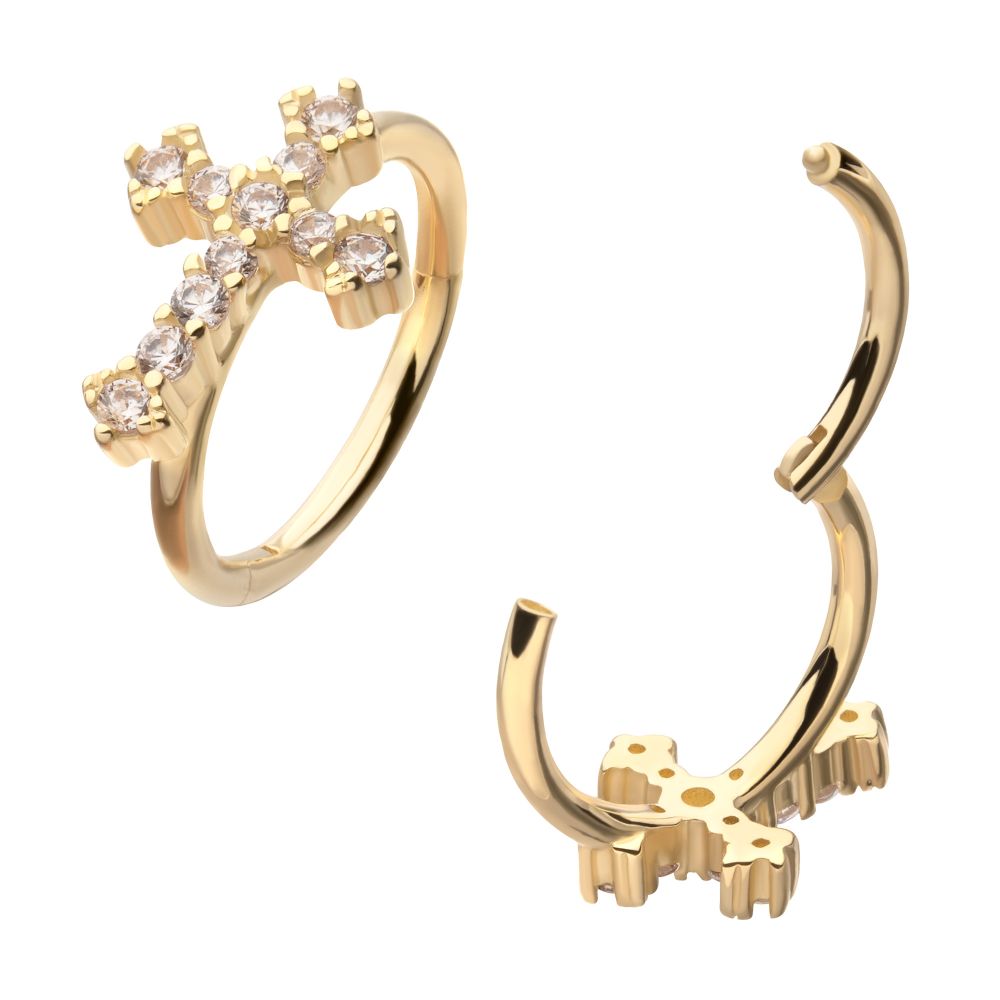 14kt Yellow Gold Antique Cross with Prong Set Gem Side Facing Hinged Segment Clicker