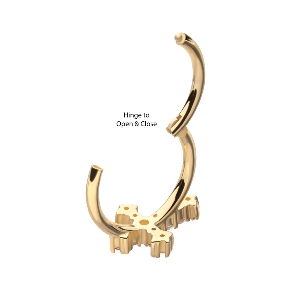 14kt Yellow Gold Antique Cross with Prong Set Gem Side Facing Hinged Segment Clicker