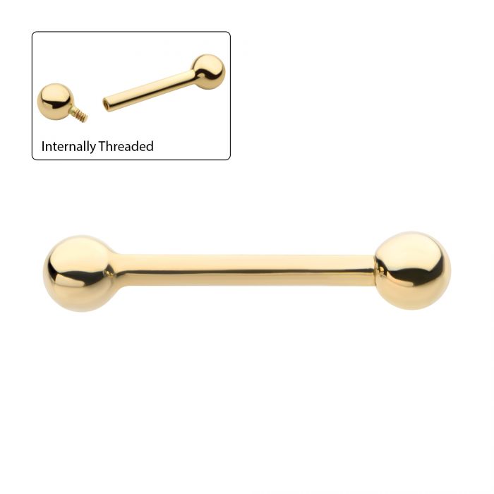 14Kt Yellow Gold Straight Barbell with One Side Internally Threaded