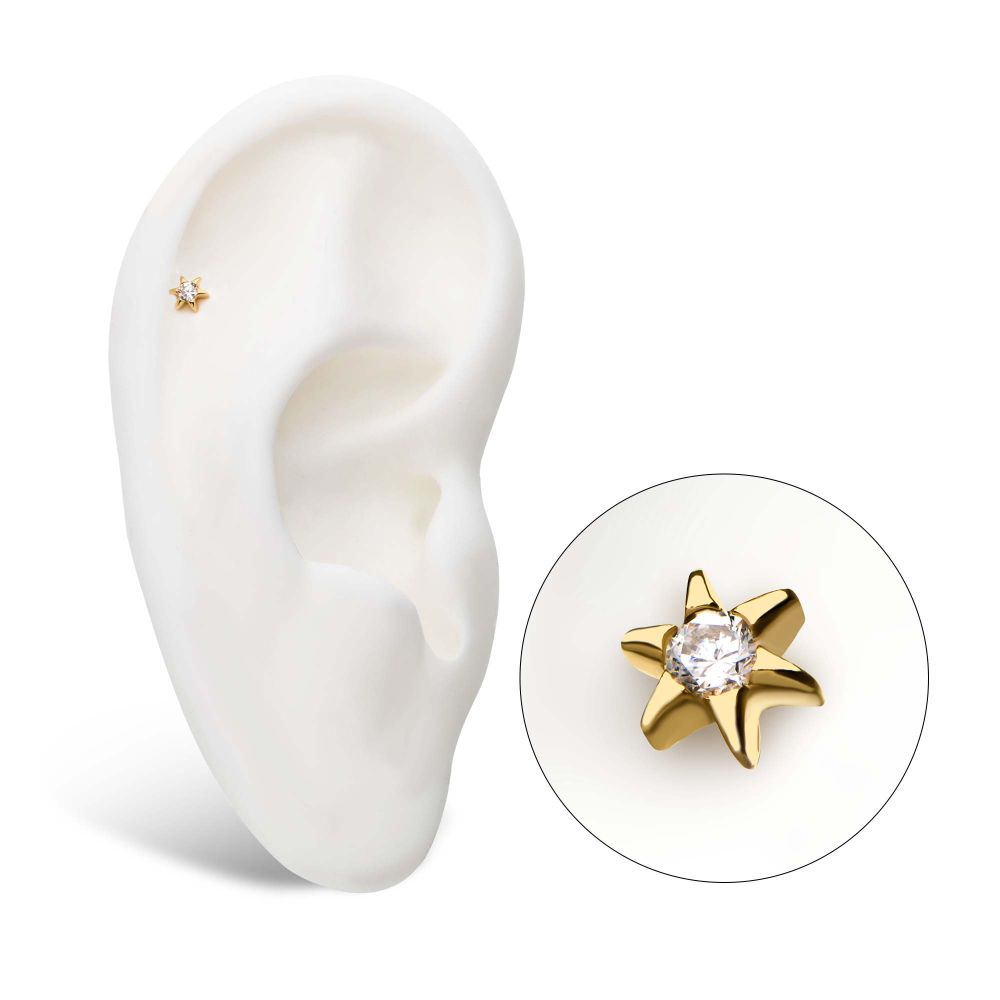 14kt Yellow Gold Threadless Round Clear CZ Star Top