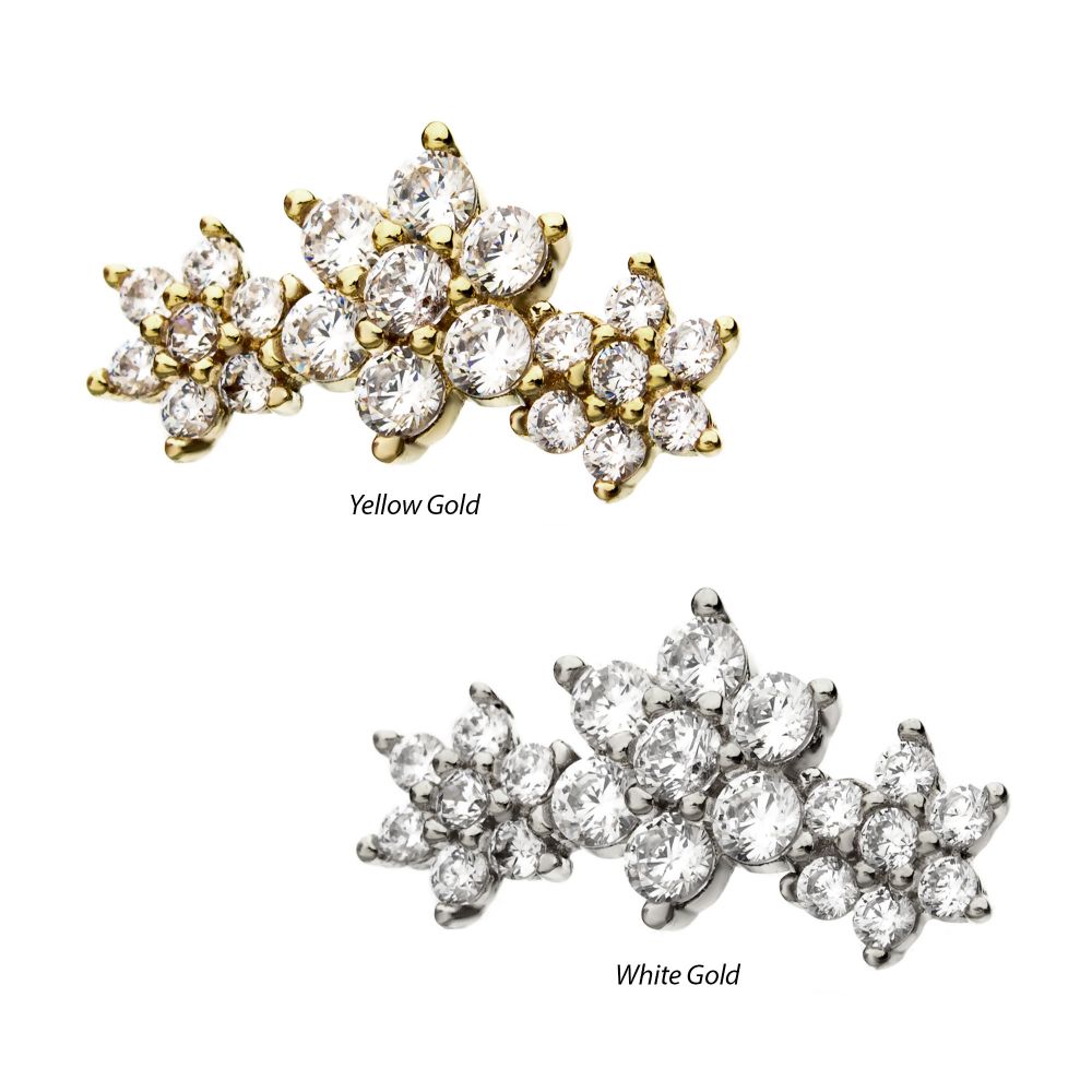 14kt Gold Threadless Prong Set Multi-Clear CZ Tri-Flower Top