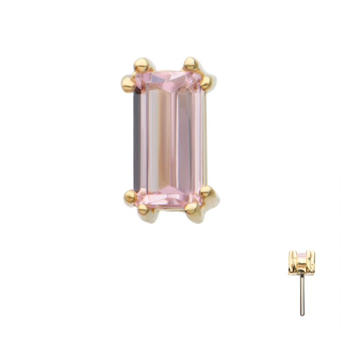 14Kt Yellow Gold Threadless Emerald Cut Pink CZ Top