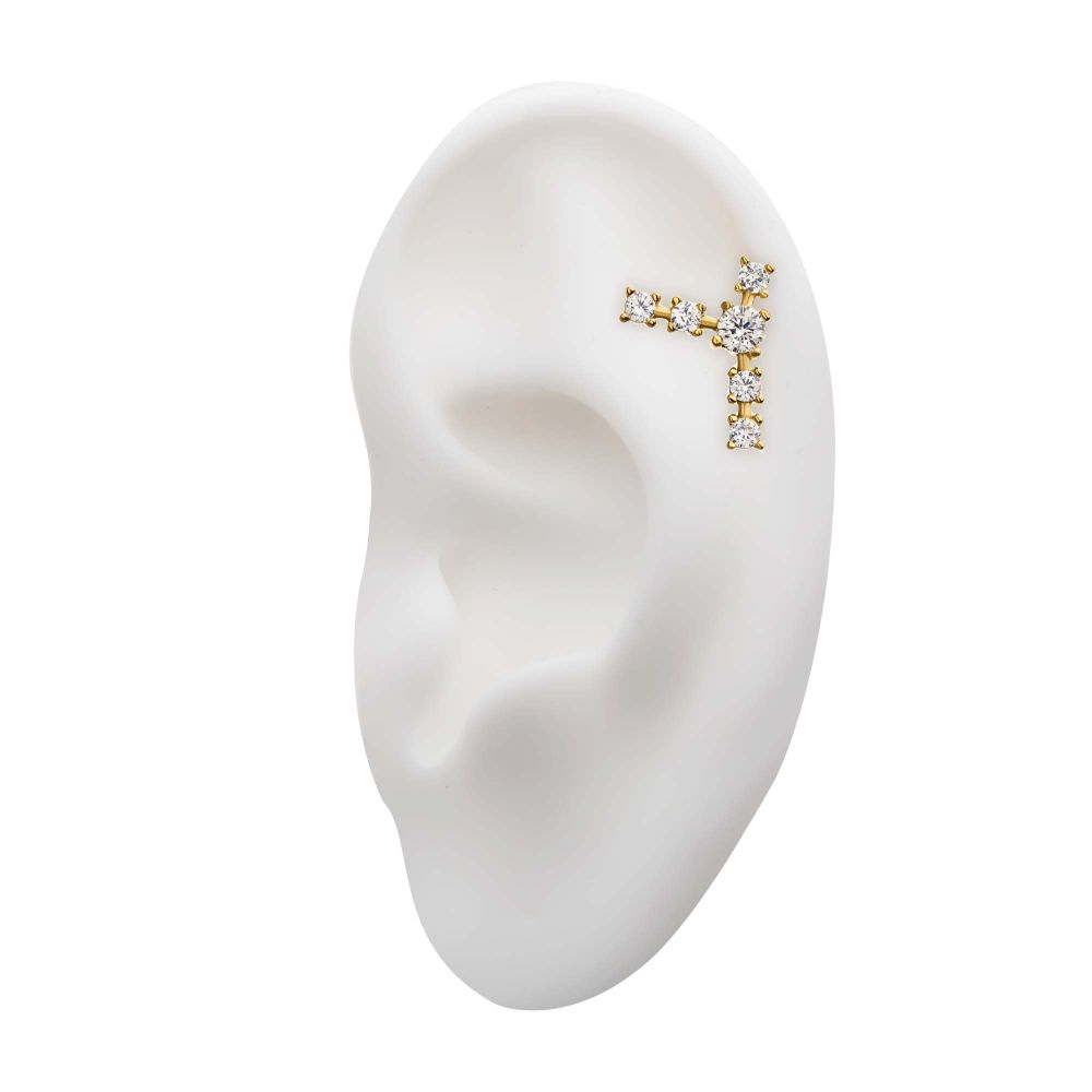 14kt Yellow Gold Capricorn Constellation Threadless Top with 4mm Center Clear CZ Gem and Five 3mm Clear CZ Side Gems